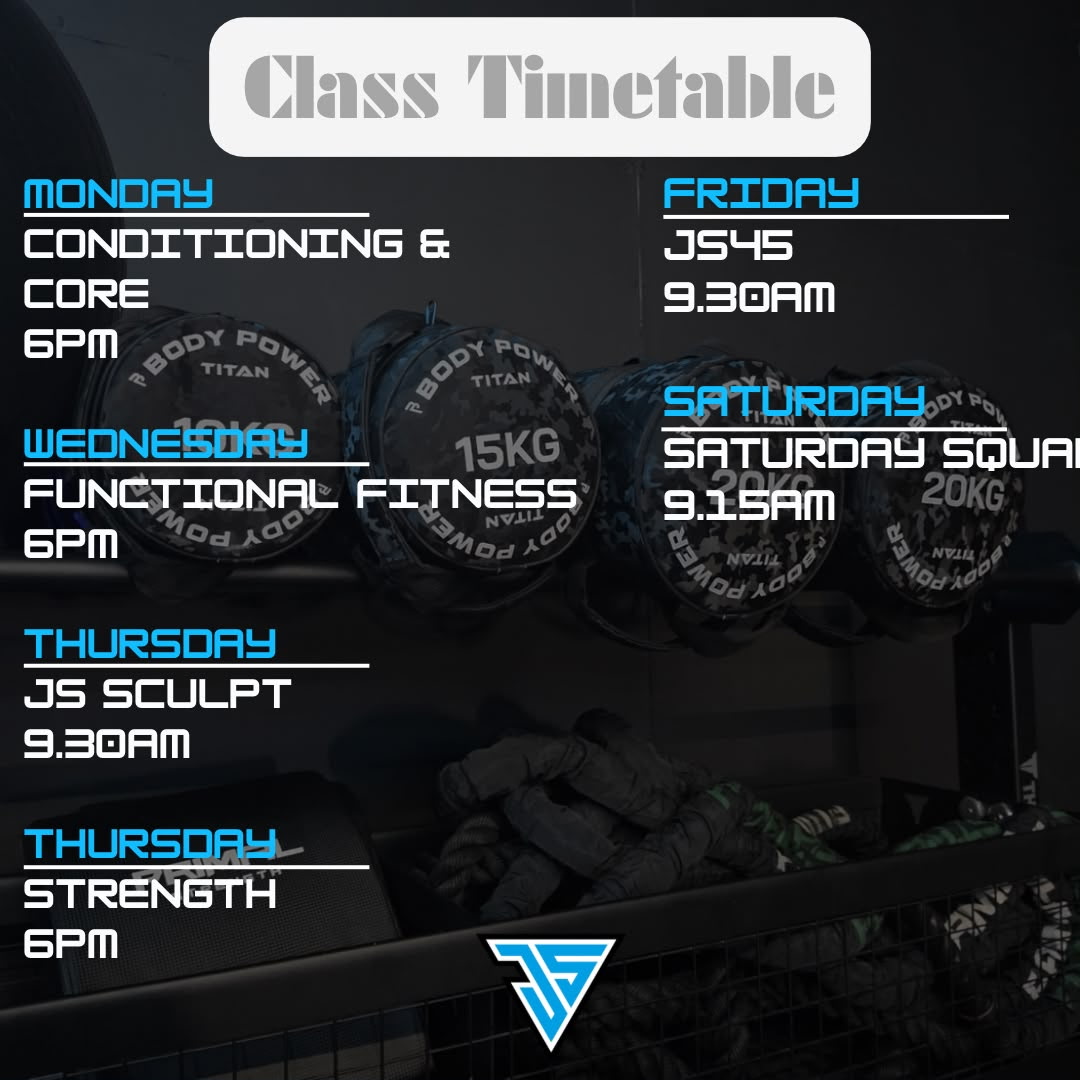 Jump Start 2.0 weekly class timetable: Monday Conditioning & Core 6pm, Wednesday Functional Fitness 6pm, Thursday JS Sculpt 9.30am and Strength 6pm, Friday JS45 9.30am, Saturday Saturday Squads 9.15am